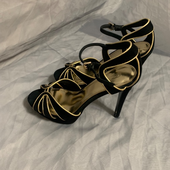 7.5 Coach Velvet Black and Gold Stiletto Heels - Picture 2 of 10